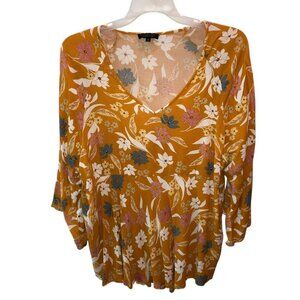 Rachel Zoe Womens Size 2X Gold Floral Print Bell Sleeve V Neck Blouse Top Shirt